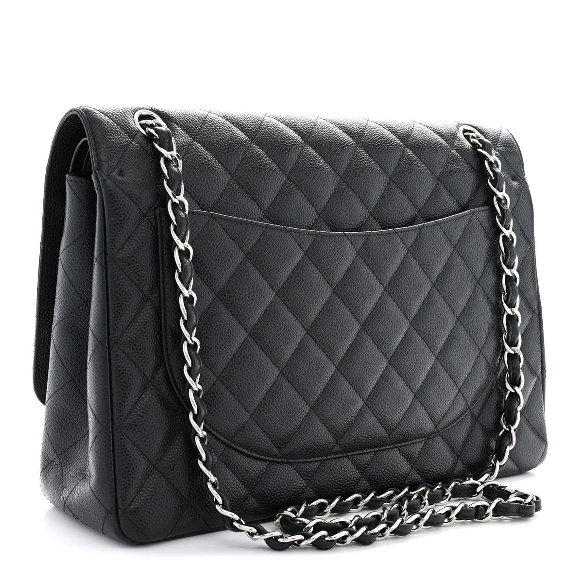 Maxi Quilted Caviar Flap Shoulder Bag - Black