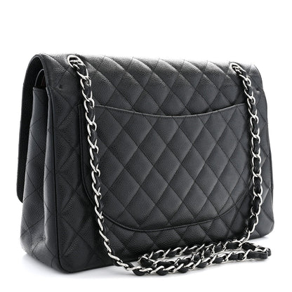 Maxi Quilted Caviar Flap Shoulder Bag - Black