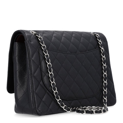 Maxi Quilted Caviar Flap Shoulder Bag - Black
