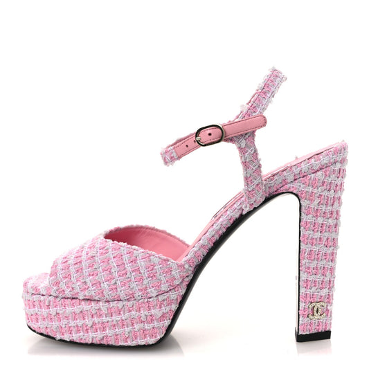 Tweed Crystal CC Platform Sandals Light Pink