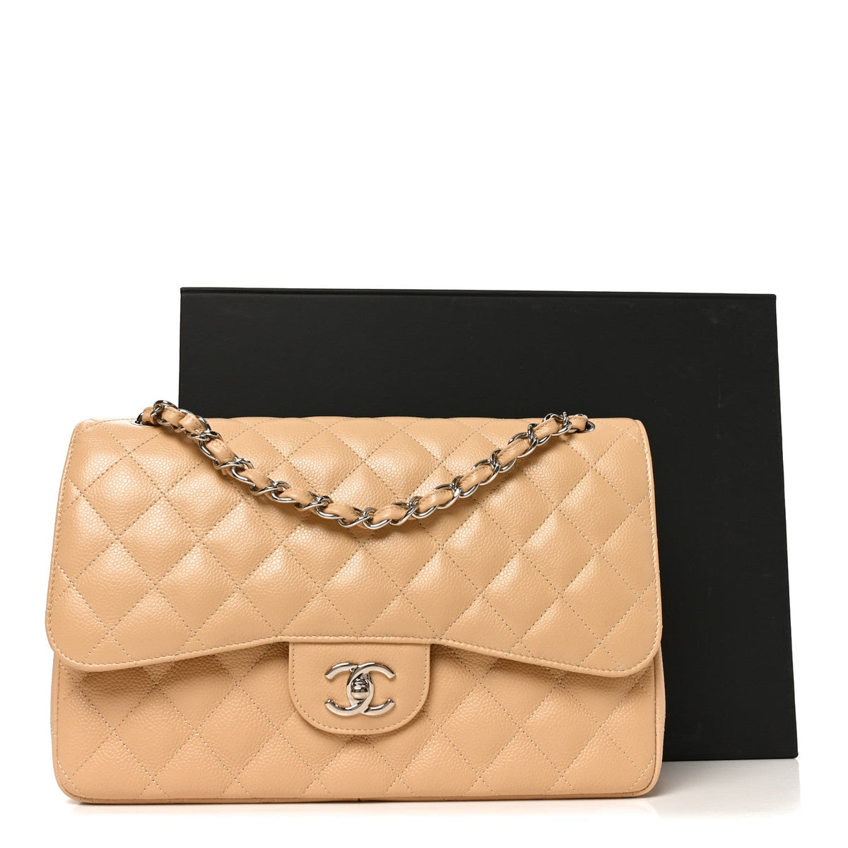 Quilted Caviar Flap Shoulder Bag - Beige