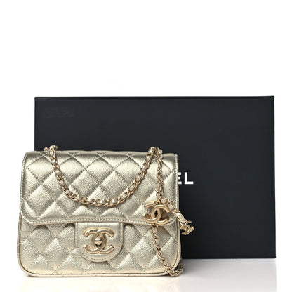 Mini Quilted Caviar Flap Shoulder Bag - Gold