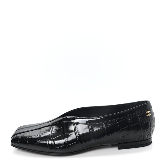 Crocodile Embossed Patent Calfskin Ballet Flats Black