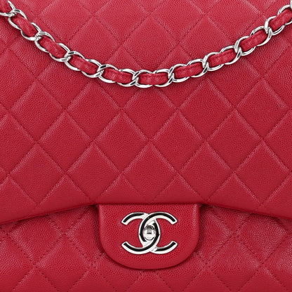 Maxi Quilted Caviar Flap Shoulder Bag - Red