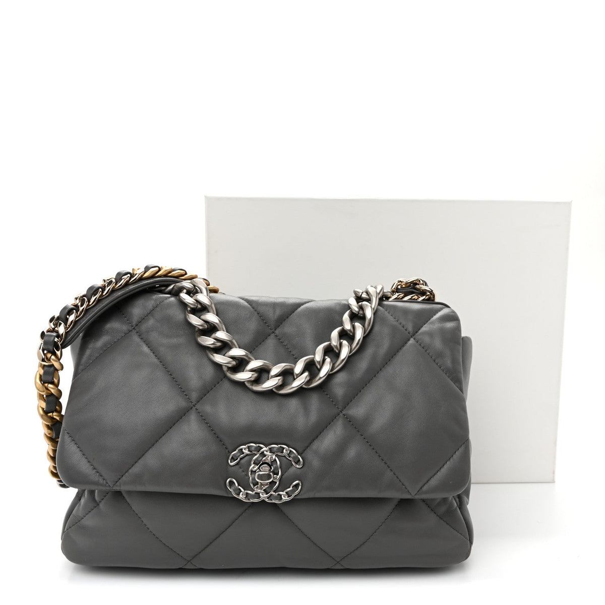 Large Quilted Lambskin Flap Shoulder Bag - Grey