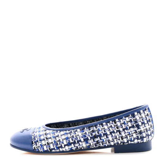 Tweed Lambskin CC Cap Toe Ballerina Flats White Blue