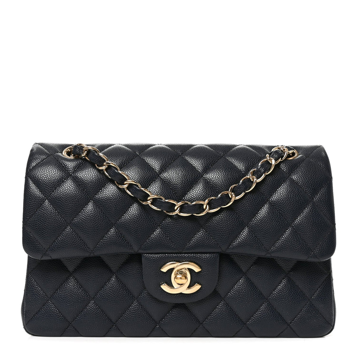Small Quilted Caviar Flap Shoulder Bag - Dark Navy