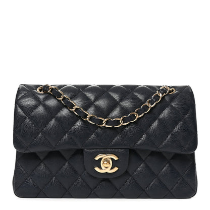 Small Quilted Caviar Flap Shoulder Bag - Dark Navy