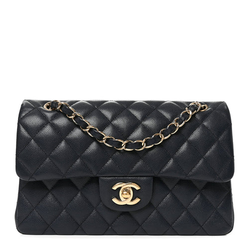 Small Quilted Caviar Flap Shoulder Bag - Dark Navy