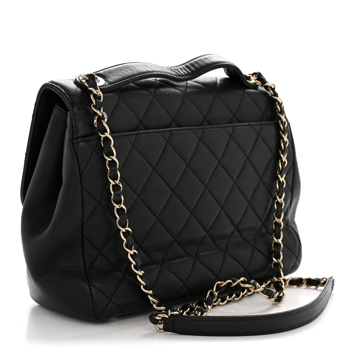 Large Quilted Caviar Flap Shoulder Bag - Black