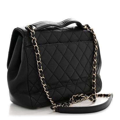 Large Quilted Caviar Flap Shoulder Bag - Black
