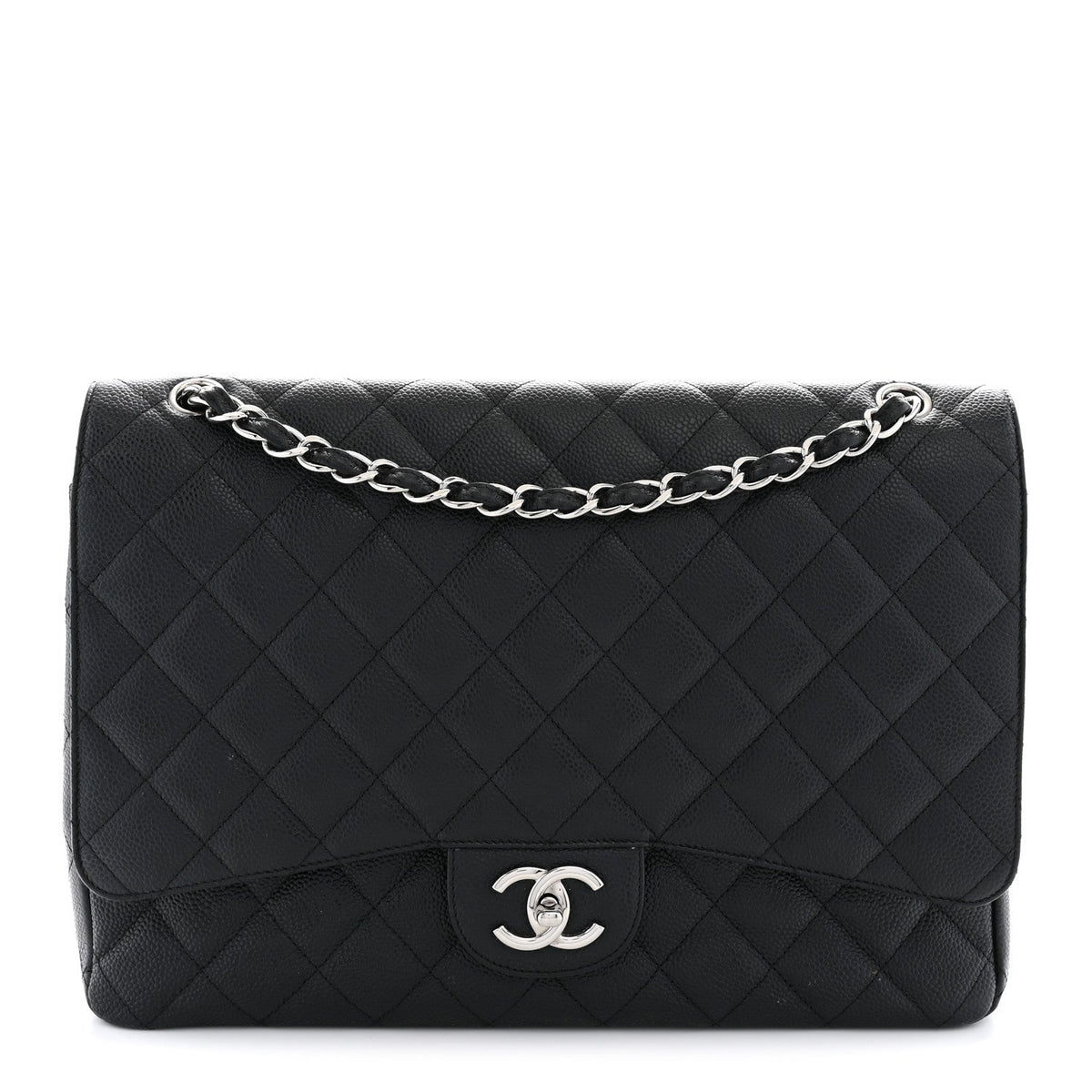 Maxi Quilted Caviar Flap Shoulder Bag - Black
