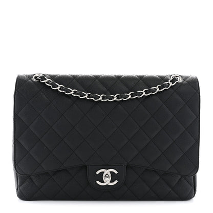 Maxi Quilted Caviar Flap Shoulder Bag - Black