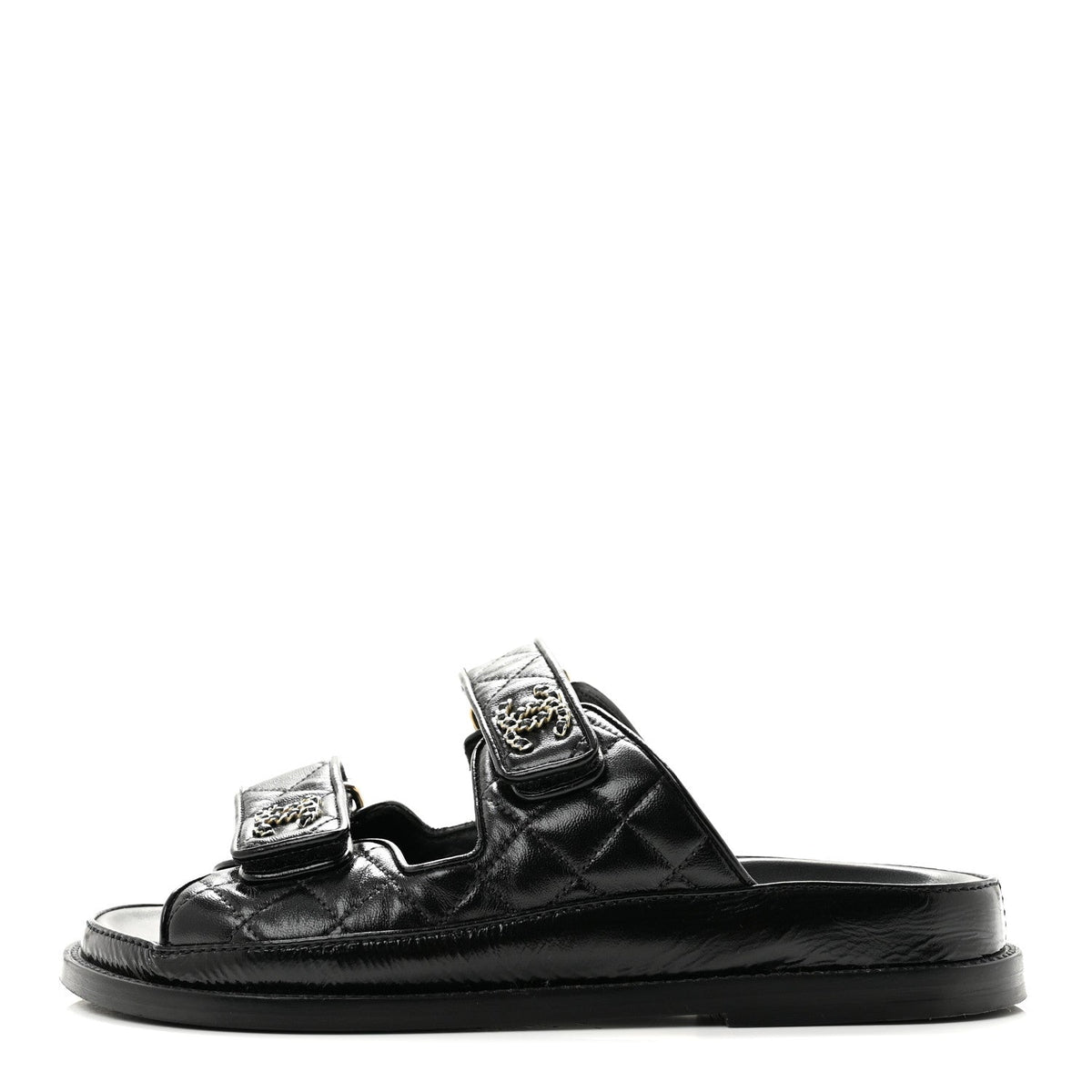 Crumpled Shiny Lambskin Velcro Dad Sandals Black