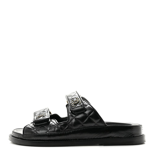 Crumpled Shiny Lambskin Velcro Dad Sandals Black