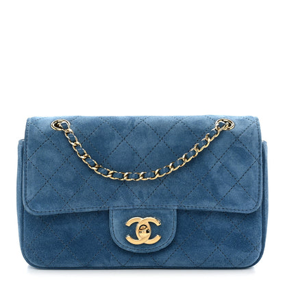 Mini Calfskin Suede Flap Shoulder Bag - Blue