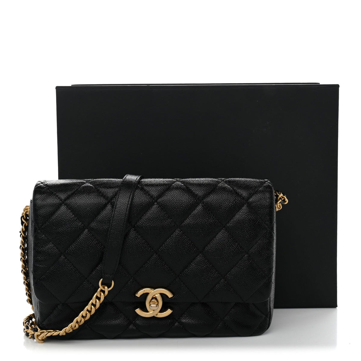 Large Quilted Caviar Flap Shoulder Bag - Black