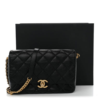 Large Quilted Caviar Flap Shoulder Bag - Black