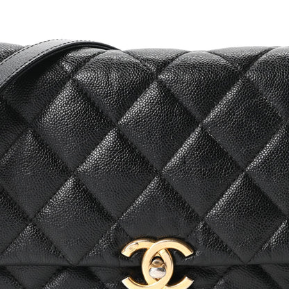 Large Quilted Caviar Flap Shoulder Bag - Black