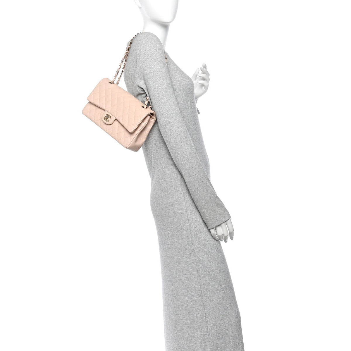 Medium Quilted Caviar Flap Shoulder Bag - Beige