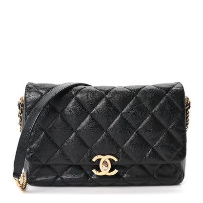 Large Quilted Caviar Flap Shoulder Bag - Black