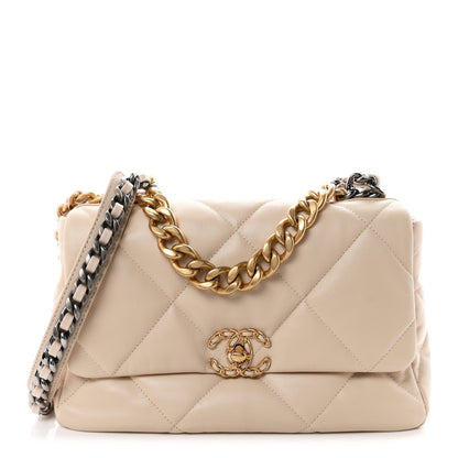 Large Quilted Goatskin Flap Shoulder Bag - Beige