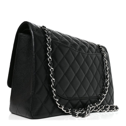 Maxi Quilted Caviar Flap Shoulder Bag - Black
