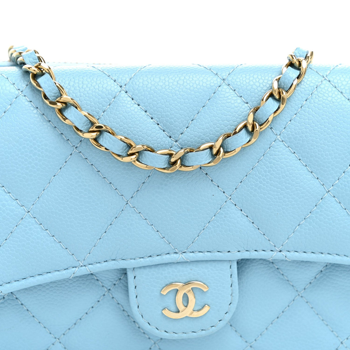 Quilted Caviar Flap Shoulder Bag - Light Blue