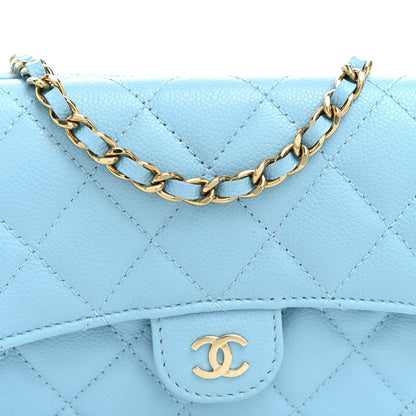 Quilted Caviar Flap Shoulder Bag - Light Blue