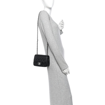 Mini Quilted Caviar Flap Shoulder Bag - Black