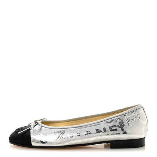 Laminated Goatskin Grosgrain Cap Toe CC Ballerina Flats Silver Black