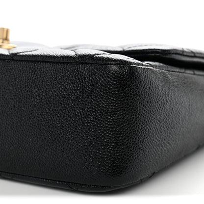 Large Quilted Caviar Flap Shoulder Bag - Black
