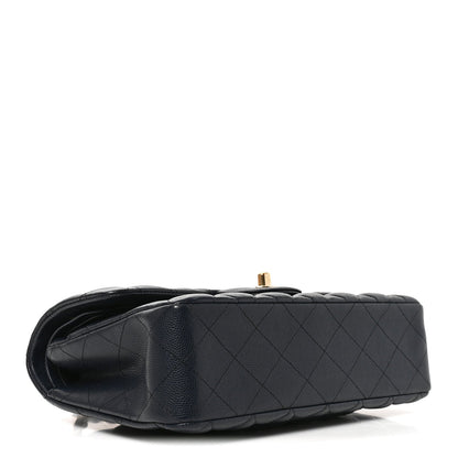 Small Quilted Caviar Flap Shoulder Bag - Dark Navy